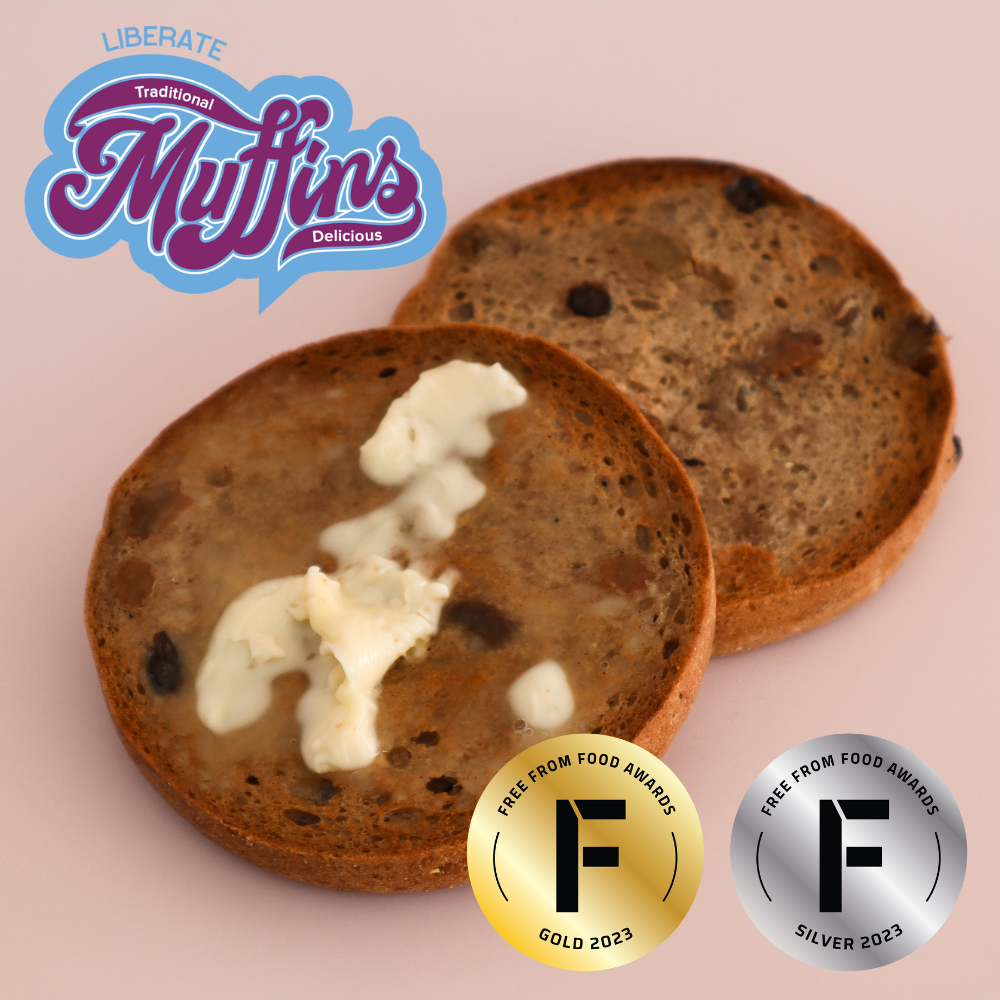 Winner of Gold and Silver Free From Food awards, Liberate Fruit & Spice English Muffins are certified gluten free, free from all common allergens and vegan too